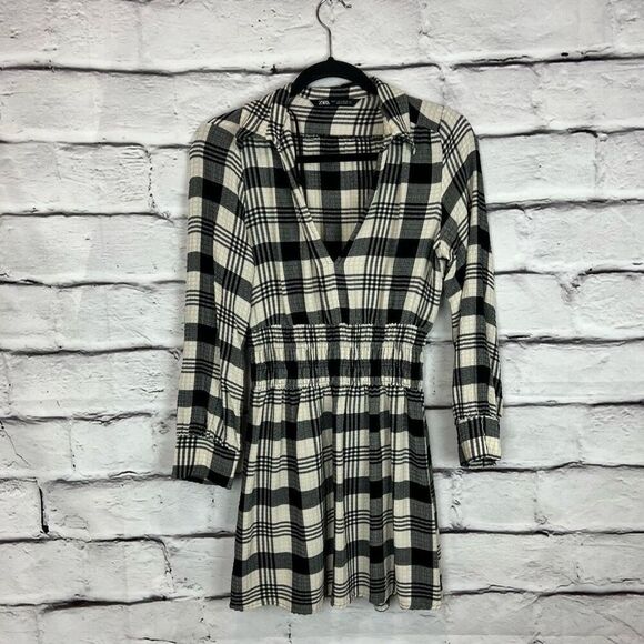 Zara Women's Plaid Long Sleeve A-Line Mini Dress Black Size S - Picture 2 of 6
